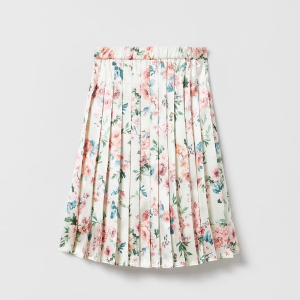 Zara Floral Box Pleated Midi Skirt Cream and Pink Women’s Size 10